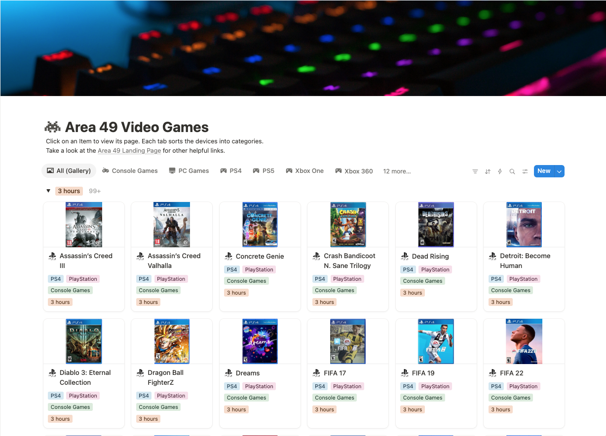 A screenshot of Area 49's video games inventory with a link that leads to that inventory