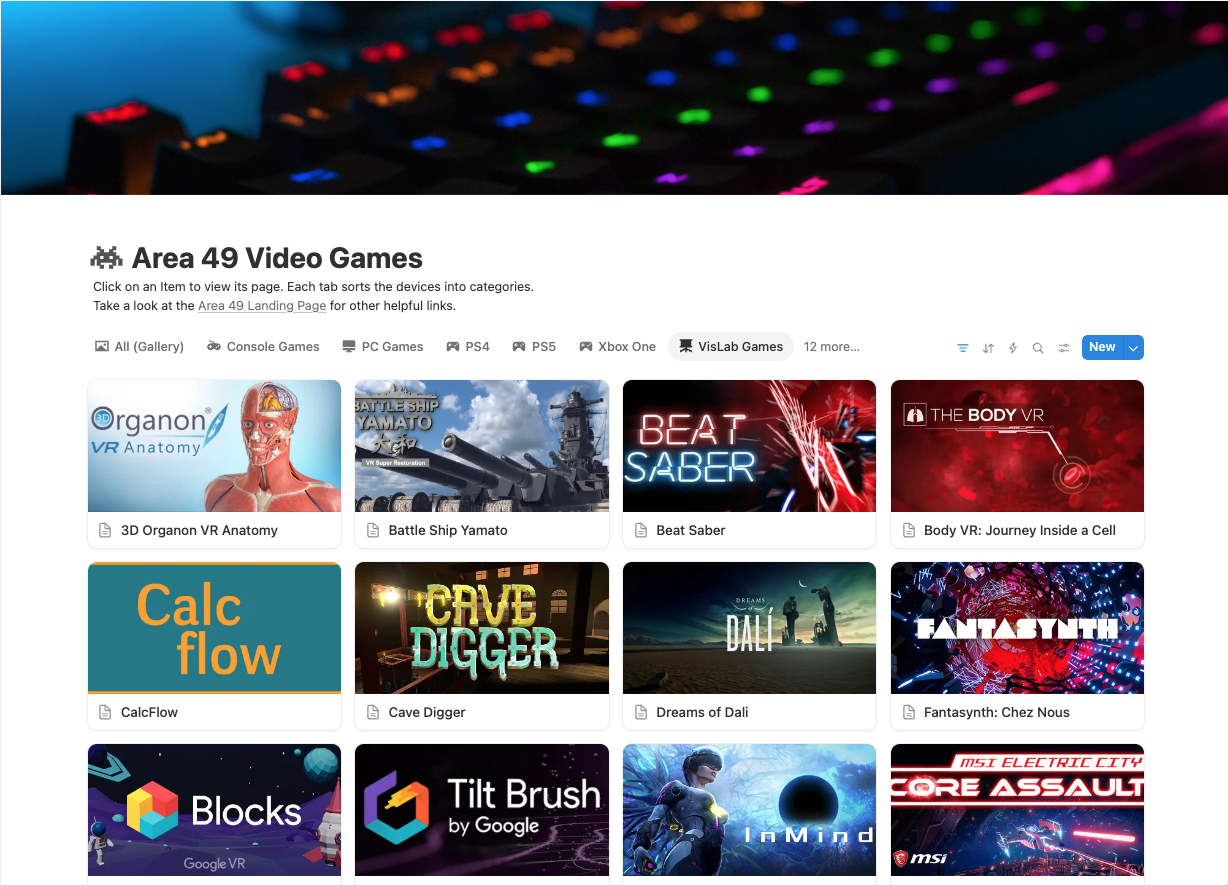 A screenshot of Area 49's video games inventory with a link that leads to that inventory