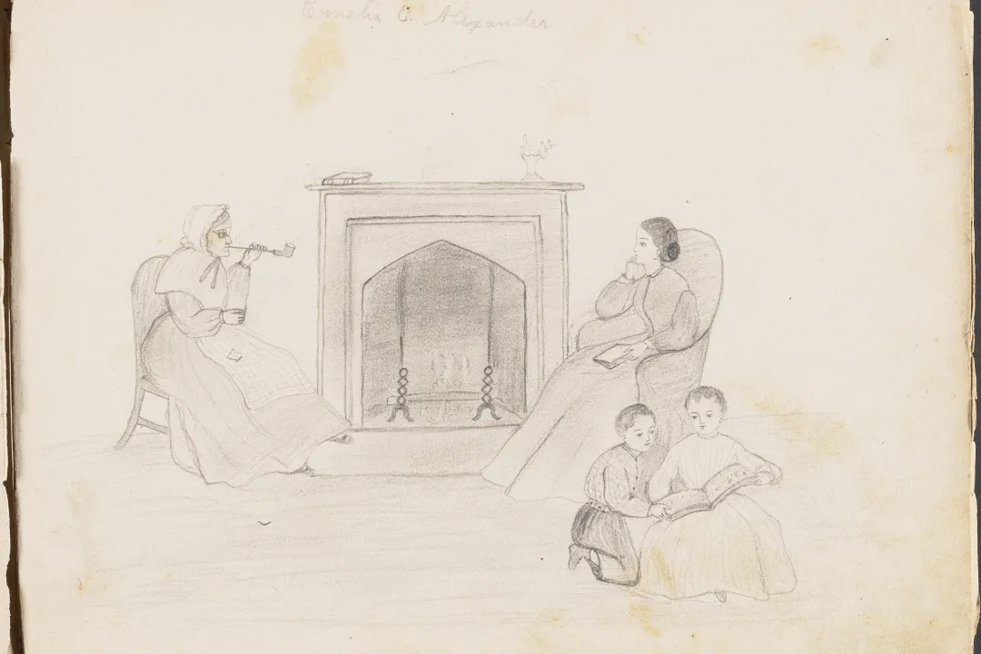 Sketch of two women and children around the hearth