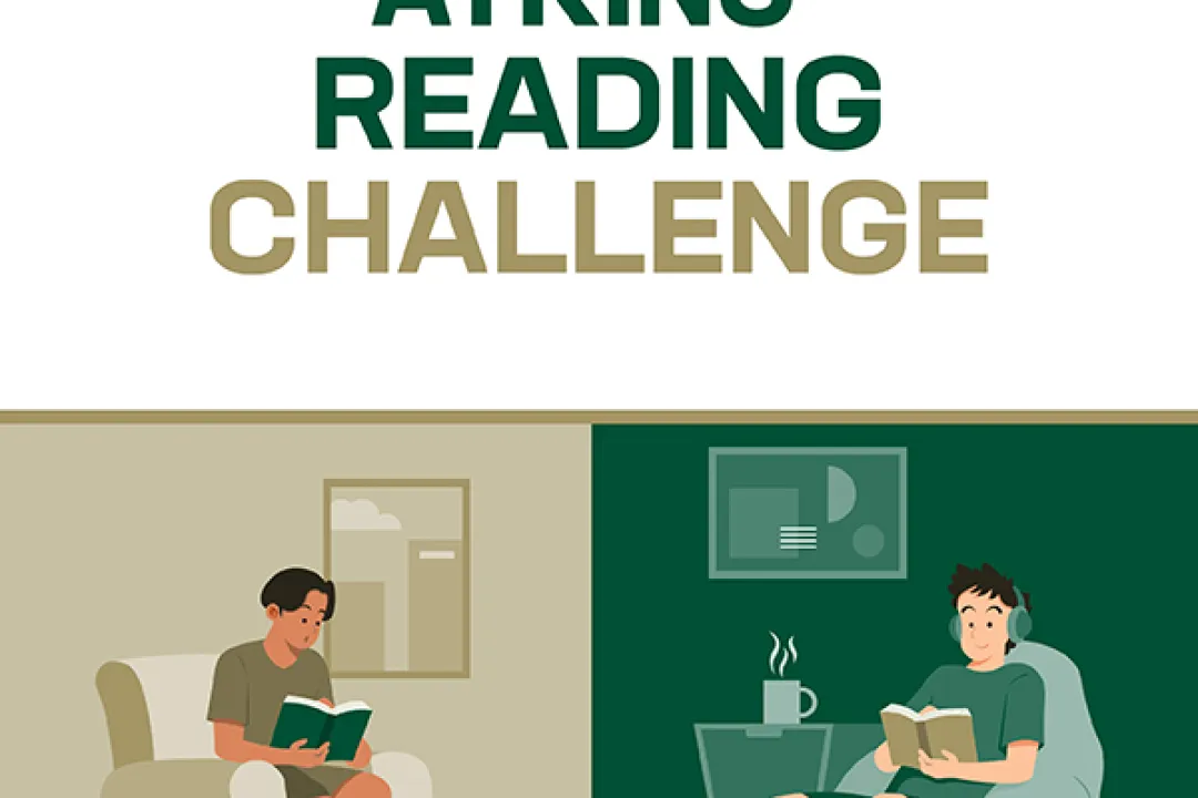 graphic for Atkins' Reading Challenge showing illustration of two people reading books