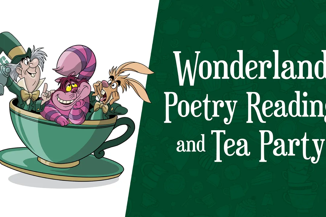 Image of characters in teacup from Alice in Wonderland movie and title of evet