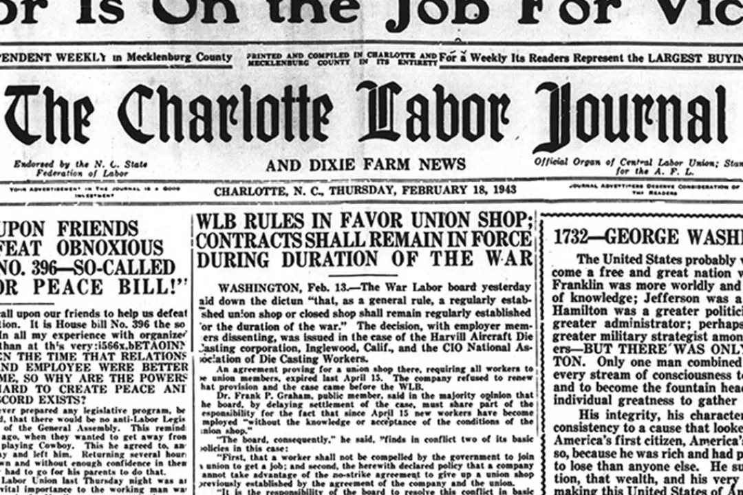 Front page of Charlotte Labor Journal Feb. 18, 1943
